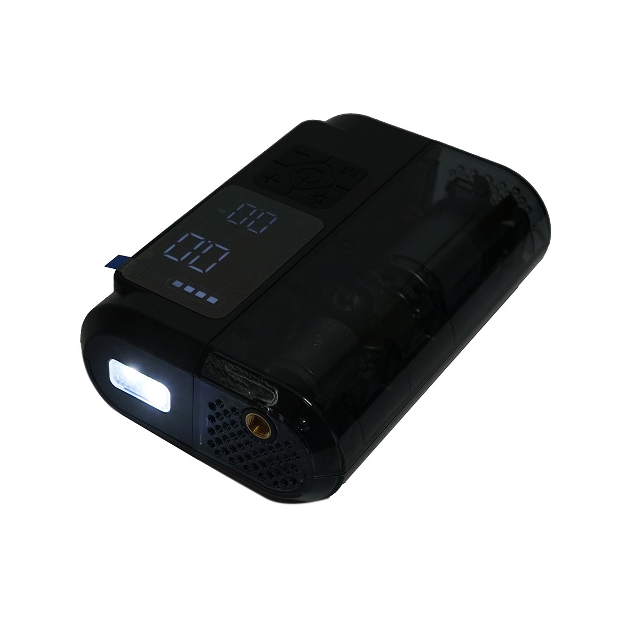 Compresor aer smart portabil digital LED 12V/100W, USB-C 5V/2A, baterie 3x2000mAh, laterna LED, port USB/USB-C, baterie externa, accesorii incluse